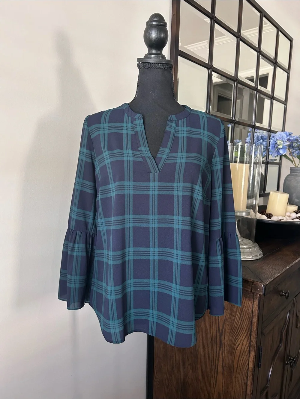 J.Crew green and navy tartan plaid V-neck blouse